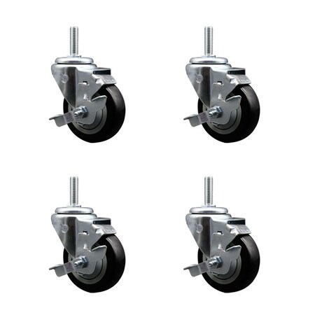 Service Caster 35 Inch Black Polyurethane Wheel Swivel 34 Inch Threaded Stem Caster Set with Brake SCC SCC-TS20S3514-PPUB-BLK-TLB-34212-4
